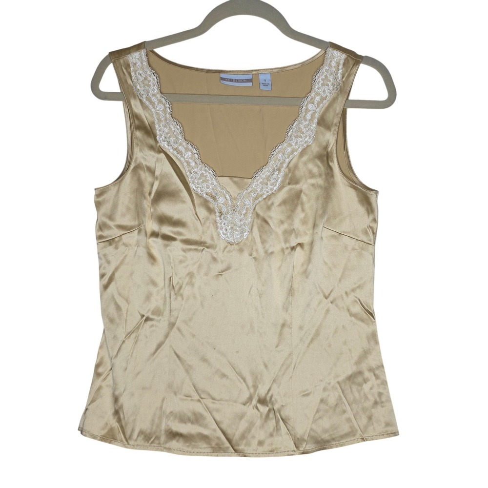 Nordstrom Silk Spandex Lace Trim V Neck Tank Top Champagne Gold Size S Lux Flaw